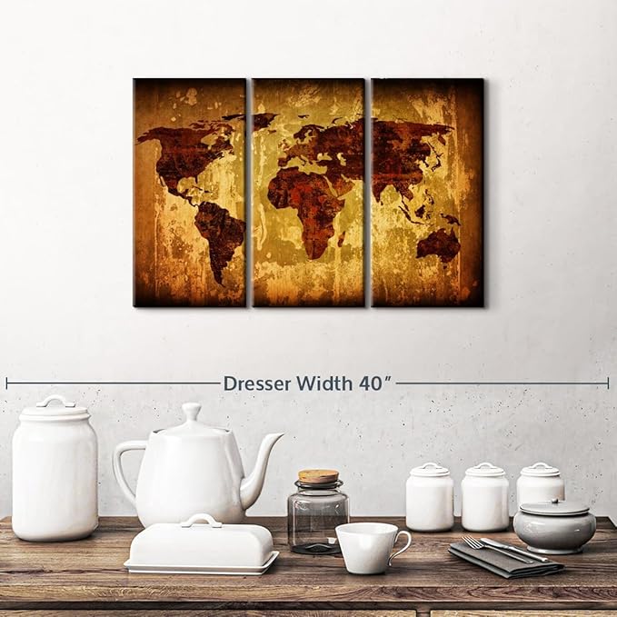 ElephantStock Vintage World Map Wall Art Multi Piece Canvas - 3 Piece Canvas World Map Wall Decor - Wall Decor - Ready-to-Hang Print - Vintage Wall Art - 23" X 14"