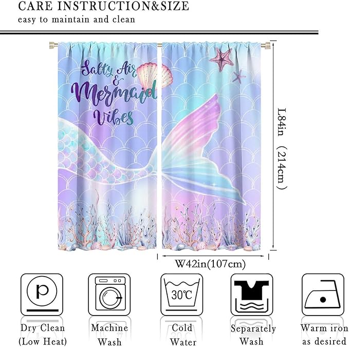 Fantasy Mermaid Curtain Colorful Rainbow Fish Tail Ocean Theme Beautiful Kids Window Treatment for Girls Bedroom Nursery Room Decor Rod Pocket Window Drapes 84x84in