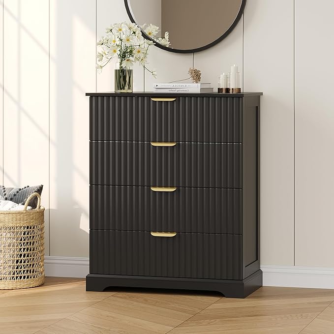 Fluted Dresser with 4 Drawers for Bedroom, 36.6" Tall Dresser with Metal Handle, Wooden Chest of Drawers for Bedroom, Living Room, Entryway, Black