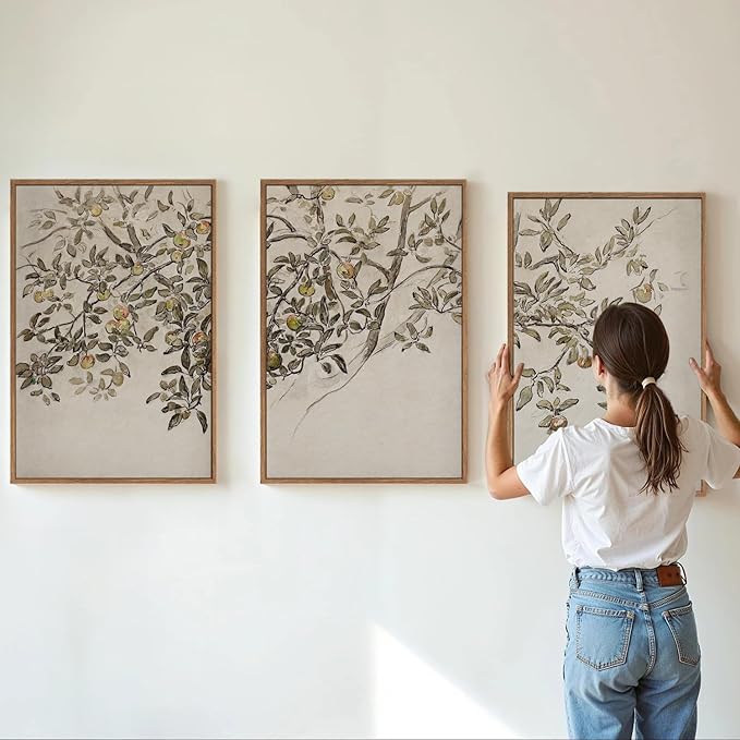 MTFBWY Framed Botanical Apple Tree Wall Art Set of 3, Vintage Nature Branch Canvas Prints, Rustic Farmhouse Plant Wall Art, Neutral Still Life Painting for Living Room Bedroom Office Decor 16L x 12W