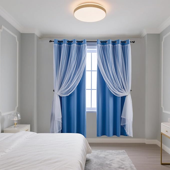 Anytime Home Curtains Blackout and Sheer Layered Solid Window Curtain Panel Pair with Grommet Top, 52Wx63L, Blue