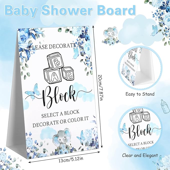 Marsui 136 Pcs Baby Shower Blocks to Decorate Game Kit Includes 98 Wooden Blocks, 36 Markers, 1 Game Sign, 1 Storage Box for Baby Shower Gender Reveal Activity Party Decorations(Blue Butterfly)