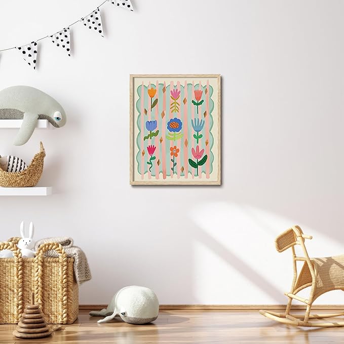 KISSFOX Framed Wall Art Nursery Wall Decor Cute Floral Pictures Kids Colorful Flower Canvas Art Boho Whimsical Paintings Artwork For Children Boys Girls Room