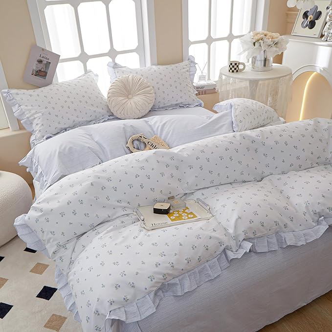 LifeTB Ruffle Duvet Cover Chic Floral Lace Duvet Cover Twin Cute Blue Flower Comforter Cover Girls Princess Lace Bedding Cover Botanical Floral Comforter Cover Ruffle Cottagecore Bedding Set Twin