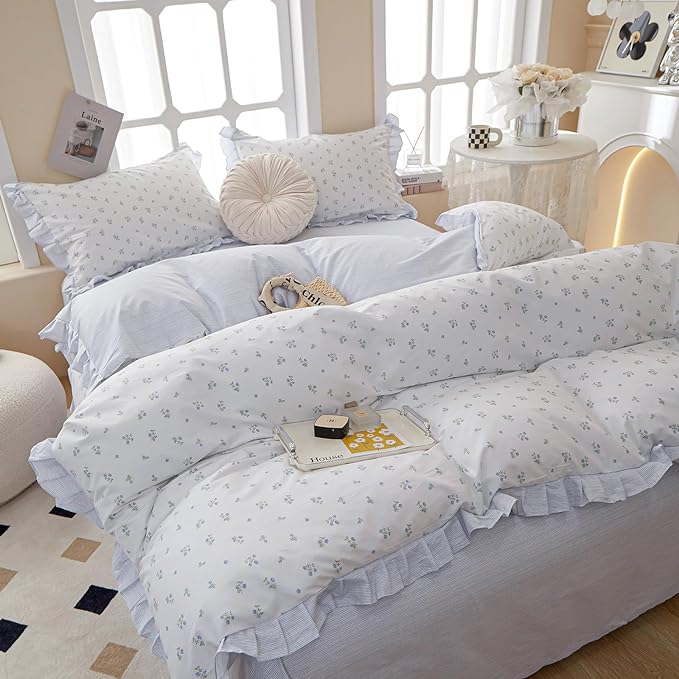 Blue Ruffle Duvet Cover Twin XL Soft White 100% Cotton Floral Duvet Cover Cute Blue Flower Comforter Cover Romantic Princess Lace Bedding Set Vintage Botanical Comforter Cover for Kids Girl Teen