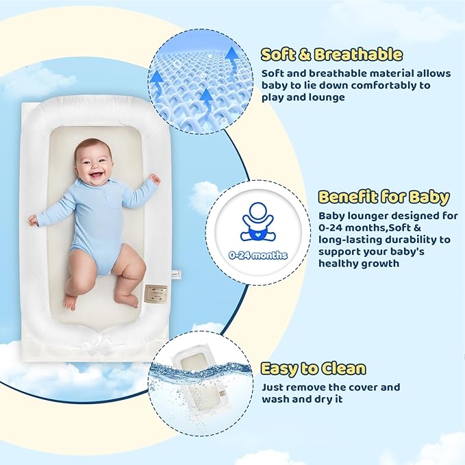 Portable Baby Lounger for Newborn 0-12 Months, Soft Breathable Baby Play Mat and Adjustable Diaper Changing Pads for Home&Travel, Newborn Essentials Gifts for Boys & Girls (White)