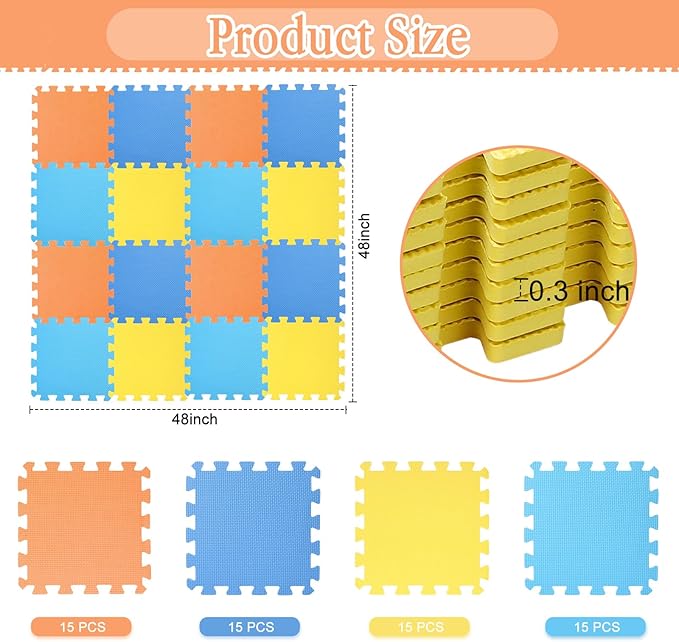 Nuanchu 60 PCS Kids Foam Puzzle Floor Mat Bulk - Solid Color Foam Play Mat with Borders Interlocking Multi Use Floor Rug for Children, 12 Inch(Dark Blue, Light Blue, Orange, Yellow)