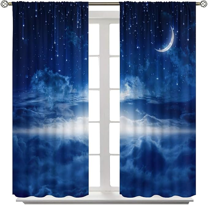 Star Night Sky Blackout Curtains, Moon Foggy Clouds Landscape Theme Print Window Drapes for Kids Girls Bedroom Living Room 72" W X 63" L