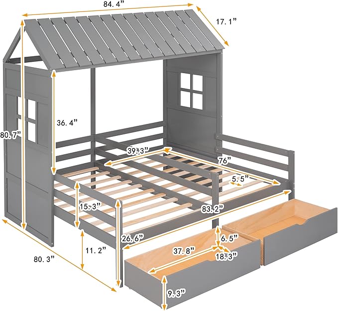 P PURLOVE Double Shared Bed,Twin Size House Platform Beds with Two Drawers for Boy and Girl Shared Beds, House Bed Frame Combination of 2 Side by Side Twin Size Beds,Gray
