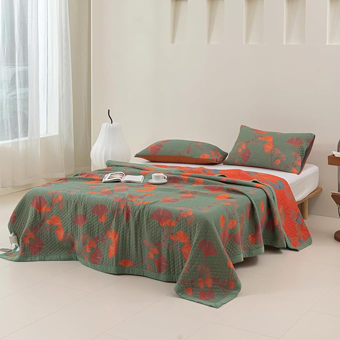 100% Cotton Muslin Blanket Jacquard Green Orange Floral Ginkgo Leaves Quilt, Soft Bed Cover Lightweight Breathable Gauzy Reversible Bedspread Coverlet King(98"x94"), No Pillow Sham