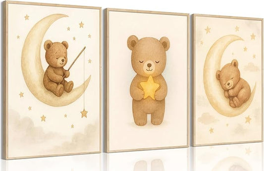 XBQZFLHT 3Pcs Bear Nursery Wall Art Teddy Bear Moon and Stars Canvas Prints Cute Animal Sleeping on the Moon and Cloud Neutral Baby Room Decor Pictures for Boys and Girls 12x16in Unframed