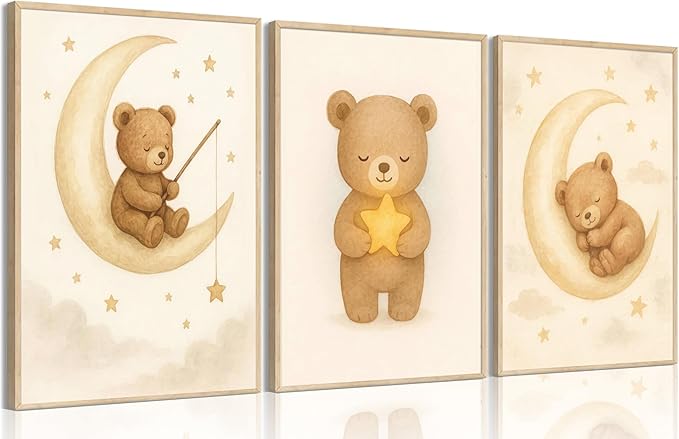XBQZFLHT 3Pcs Bear Nursery Wall Art Teddy Bear Moon and Stars Canvas Prints Cute Animal Sleeping on the Moon and Cloud Neutral Baby Room Decor Pictures for Boys and Girls 8x10in Unframed