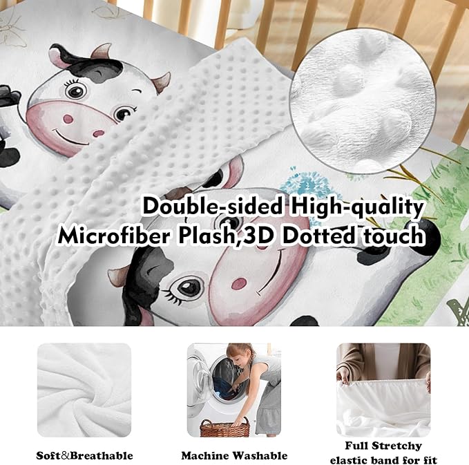 Custom Baby Crib Bedding Set - Cows Design Personalized Name Baby Nursery Bedding 3 Pcs Set - Chic Soft Blanket, Fitted Sheet, Room Rug for Newborns Boys Girls Gifts