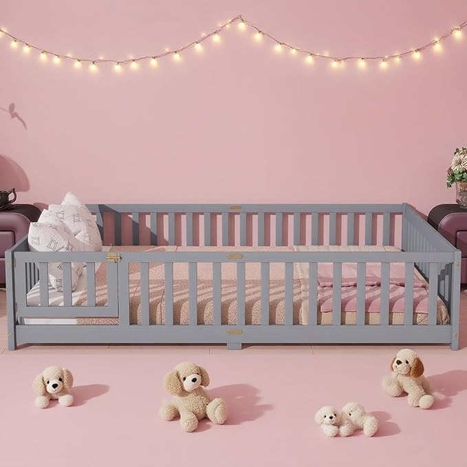 Queen Size Floor Bed Frame with Slats and Safety Guardrail, Wood Queen Size Montessori Floor Bed with Door and Fence, Easy Assemble Montessori Beds for Kids, Girls, Boys, Gray