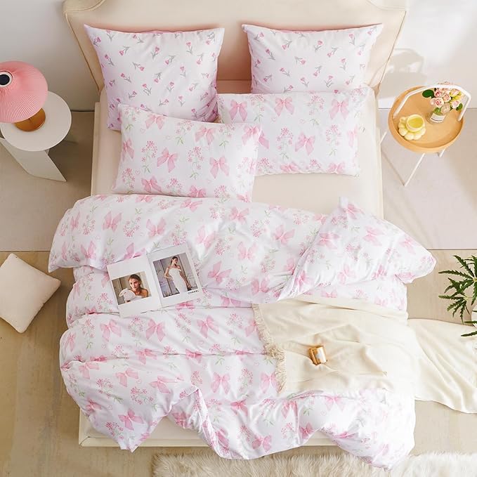 Duvet Cover Full 3Pcs Pink Floral Bow Bedding Set for Girls Kids, Romantic Princess Style Bowknot Bedding, Ultra Soft Reversible Garden Flower Duvet Cover Set(2 Pillowcases,No Comforter)