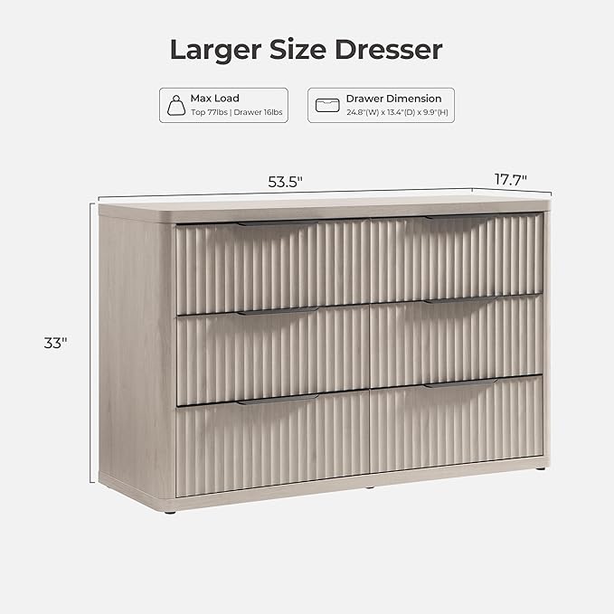 SICOTAS Dresser for Bedroom 107" Wide 6 Drawer Dressers & Chests of Drawers for Closet Long Large Modern TV Stand Set for Clothes Storage Fluted Wide Clothes Closet for Hallway Entryway, White Alder