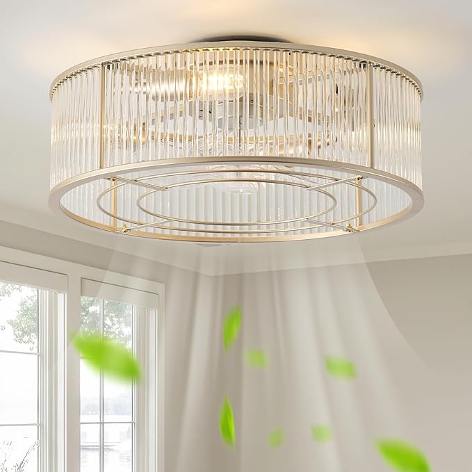 Low Profile Ceiling Fans with Lights, 20" Gold Crystal Ceiling Fan with Light Flush Mount and Remote Control, Drum Caged with 6 Speeds for Bedroom, Nursery, Living Room (Gold Crystal)