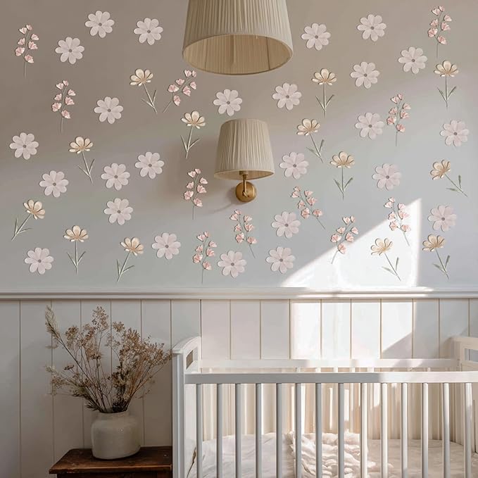 28Pcs Boho Floral Wall Decor Decals, Removable Pink Watercolor Wildflower Stickers for Nursery, Girls Room, Dorm and Headboard Art