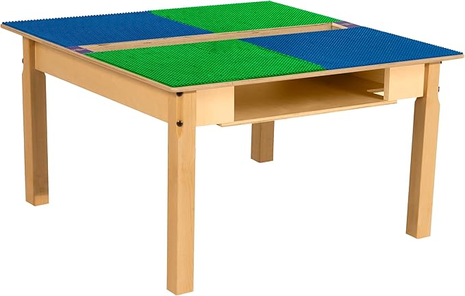Contender Time-2-Play Square Blue & Green Birch Hardwood All Purpose School Activity Lego Compatible Table with Trough and Shelf for Kids with 18" Long Wood Legs