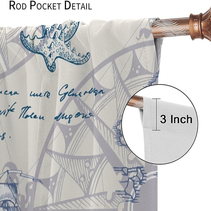 Nautical Sailboat Map Curtain,Ship Compass Lighthouse Anchor Decorative Curtain Polyester Fabric Waterproof Bedroom Curtain Set 2 Panels,42x54 Inches