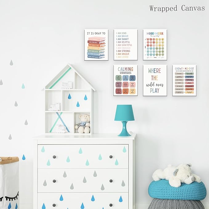 UNXIS Growth Mindset Poster Positive Affirmations Wall Decor It Is Ok To Be Yourself Frame Canvas Wall Art Calming Corner Strategies Chart 8x10in Set of 6 for Boy Girl Baby Children's Room