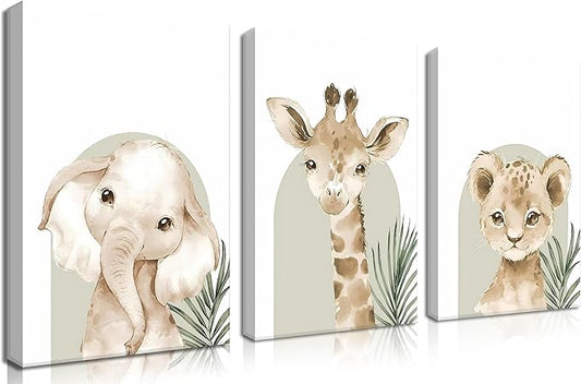 Nursery Wall Decor Set of 3, Cute Animal Lion Elephant Baby Pictures Poster Prints, Giraffe Jungle Canvas Wall Art Woodland Nursery Decor for Boys Girls Room Decoration 16x24 inch Framed