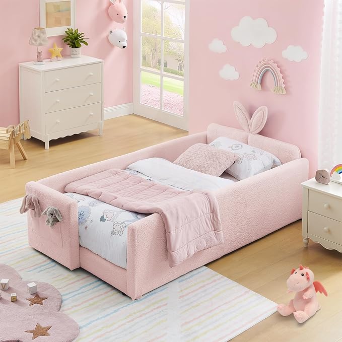 Twin Size Kids Bed with Rabbit Ear Headboard, Upholstered Boucle Fabric Twin Daybed with Slats Support & Side Pockets, Space-Saving Wooden Corner Sofa Couch Bed Frame, for Girls, Boys, Teenager(Pink)