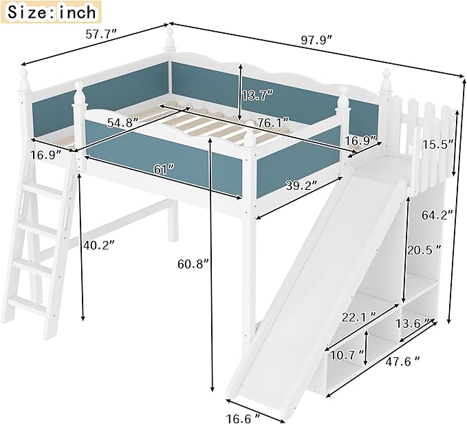 SOFTSEA Full Size Loft Bed with Slide & Storage, Wood Loft Bed with Open Shelves and Cabinet, High Lofted Bed with Convertible Slide and Ladder for Kids Teens Adults, Blue + White