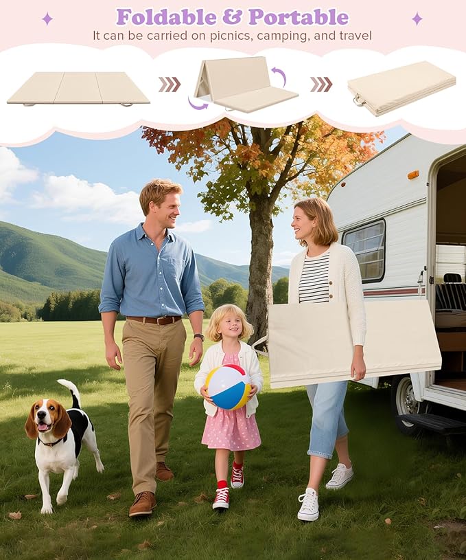 39X59Inch Travel Play Mat for Baby Trifold Thick | Soft Padded Foam Floor Mat for Kids Playroom | Foldable Samll Foam Playmat | Non-Slip Crawling Removable Cover Washable Crawling Playmat Infant