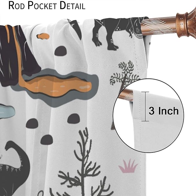Funny Dinosaur Curtains Cute Dino Cartoon Animals Abstract Aesthetics Art Print for Kids Girls Boys Bedroom Living Room Rod Pocket Decoration Window Drapes 2 Panels W21xL54in