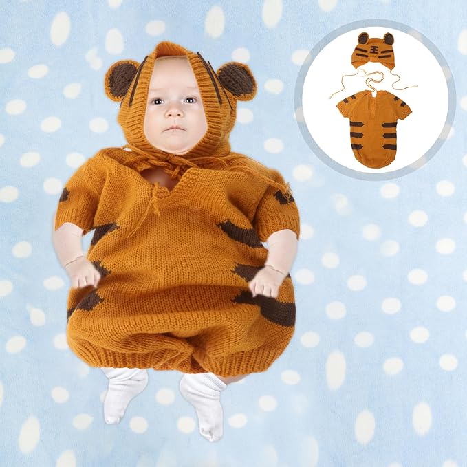 LOGOFUN Baby Tiger Romper with Hat for Photo Shoot Soft Newborn Jumpsuit Children Costume 1-6 Months Photography Prop