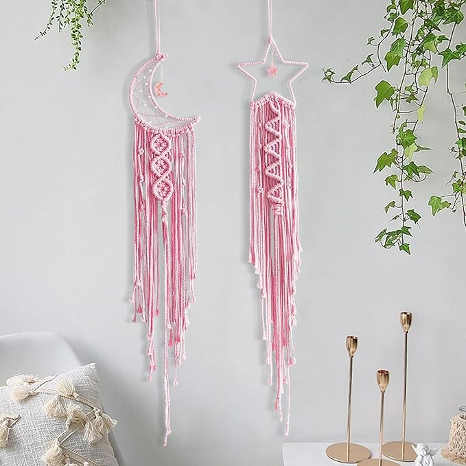 Moon Star Dream Catcher Decor,2pcs Boho Home Moon Star Dreamcatcher,Macrame Wall Hanging Boho Home Decor for Kids Baby Bedroom Decoration for Women Girls Craft Pink