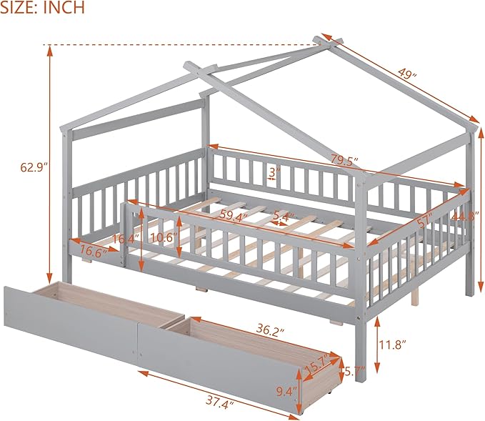 Full House Bed with 2 Storage Drawers, Kids Full Bed Frame with Rails and Roof, Tent Bed, Wooden Full Daybed, Full Montessori Bed for Kids Teens Girls & Boys, No Box Spring Needed (Gray)