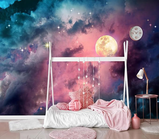 XMPMBM-Starry Sky Clouds The Moon backsplash Large Decorative Geometrical Wallpaper Bedroom Bathroom Wall Mural- W 132" X H 92"（93 Square Foot）