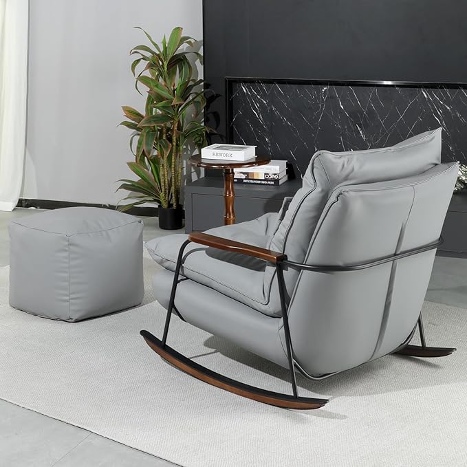 ZYZ Rocking Chair with Ottoman and Pillow, Mid-Century Modern Recliner, Reclining Nursery Rocker, Wood Armchair, 25° Rocking Motion, Lazy Sofa for Living Room Bedroom Balcony, PU Leather (Creamy Grey)