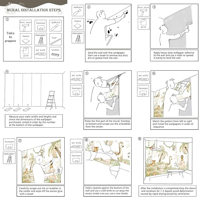 AFZEVEB-Safari Wallpaper Watercolor Animal Nursery Wall murals for Kids Room 114"x74"(Not Peel and Stick)