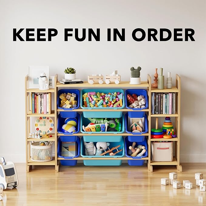 SpaceAid Large Toy Storage Organizer 9 Shelves 9 Bins, Toy Organizers Storage Bookshelf, Kids Bin Shelf Toys Box Bookcase for Bedroom Playroom Organization Room Decor, Blue and Navy Blue