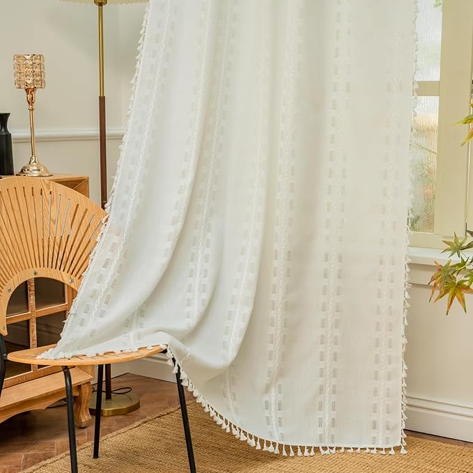 Deeprove White Cream Boho Curtain 72 inches Length for Living Room Bedroom Nursery, Bohemian 72 inches Long, Geometric Stripe Embroidery Privacy Window Fringe Decoration W52 x L72, Single 1 Panel