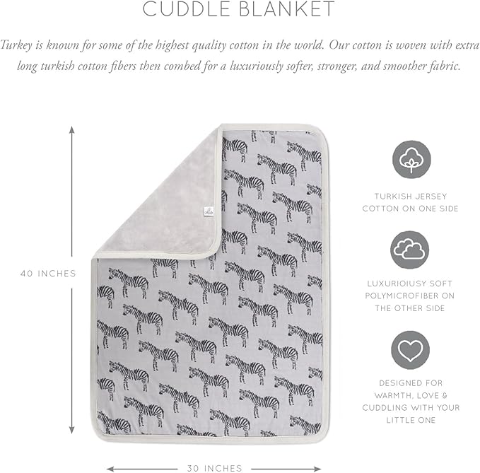 Oilo Baby Blanket, Luxury Soft Plush Backing & 100% Turkish Cotton Jersey Print, Double Layered, 30" x 40", Rolled Jersey Edge Trim, Machine Washable, Perfect for Infant or Toddlers, Zebra