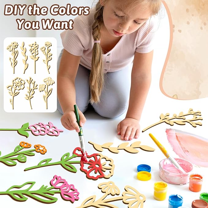 7 PCS Large Wooden Wildflowers Signs Decals DIY Colorable Wood Flowers Sign for Crafts Baby Nursery Stick Peel and Stick Boho Flower Art Cutout for Girls Bedroom Floral Sticker Gift for Kids Playroom