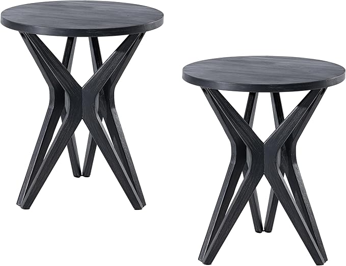 LONYKE Pedestal Farmhouse End Table Set of 2, Distressed Top with Tripod Base Bedside Table for Living Room, Modern, Boho Decor, Round (2-Pack, Distressed Black)