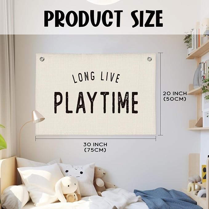 Long Live Playtime Linen Banner Wall Hanging Canvas Flag Decor for Toddler Boy Kids Room Nursery Playroom