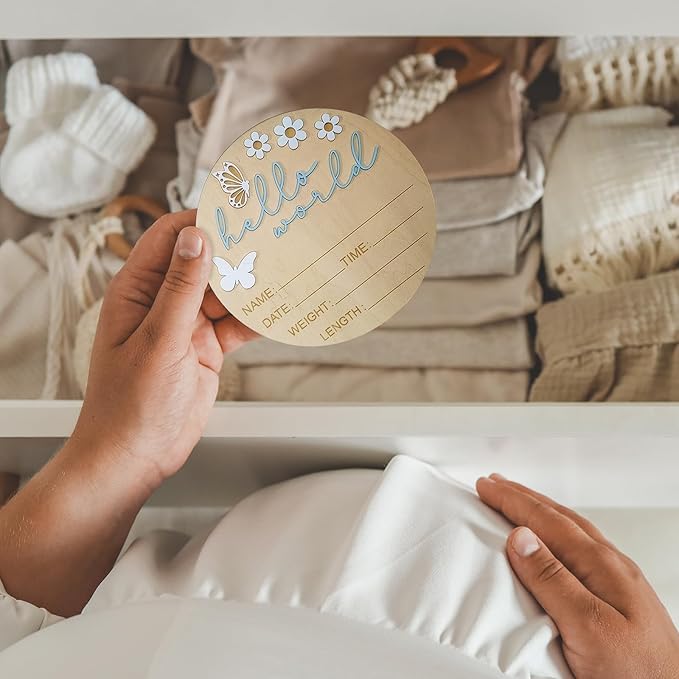 Hello World Newborn Sign - 5.9” Round Wooden Baby Announcement Sign with 3D Butterfly & Flowers - Keepsake Birth Gift for Baby Boy’s First Day, Hospital, Shower, or Nursery Décor (Blue)
