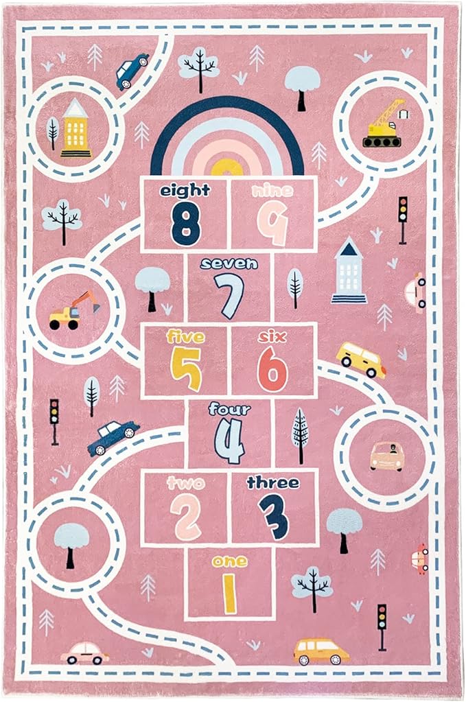 Kids Play Mat Hopscotch Car Area Rug 5x8Ft Extra Large for Girls Bedroom Soft Classroom Educational Learning Children Preschool Car Road Boys Gift, Pink