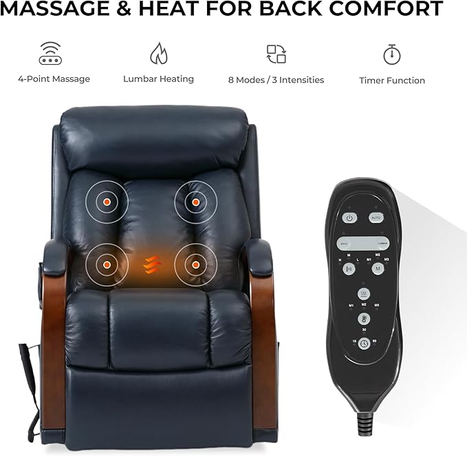 DYNOX Small Lift Chair Recliner with Heat and Massage, Dual Motor Power Lift Sofa for Elderly,Infinite Adjust for Back and Footrest,Side Pocket(9185,Genuine Leather,Blue