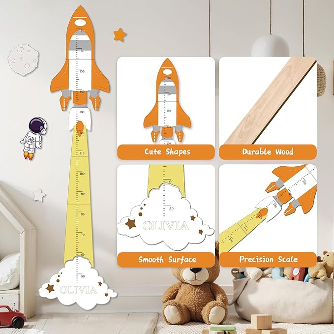 Personalized Name Kids Growth Chart for Wall – Wooden Rocket Height Chart Ruler, Wall Height Measurement for Boys & Girls 61.8" x 9.6"