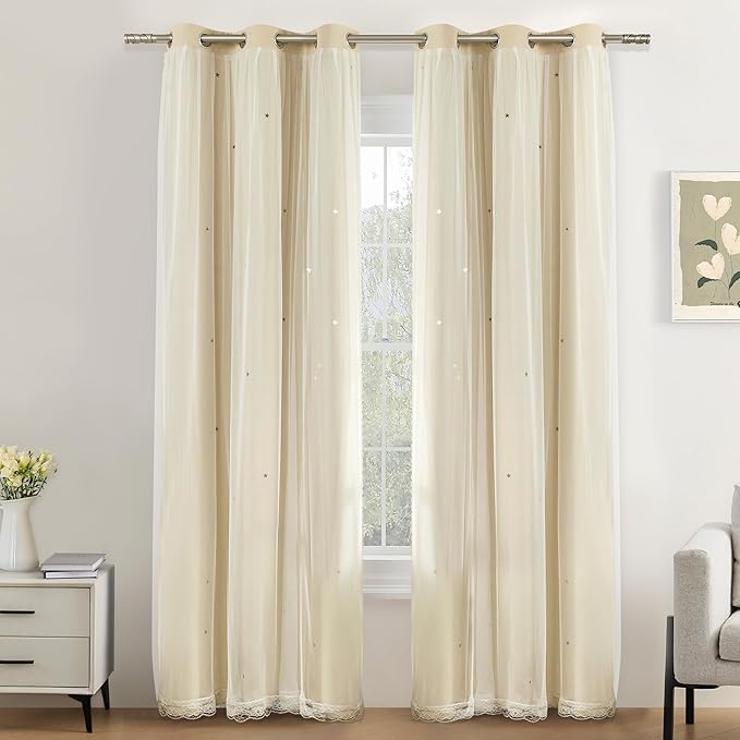 XiDi Beige Blackout Curtains for Bedroom 72 Inchs Long Room Darkening Double Layer Curtains Star Cut Out Design Grommet Drapes with Tiebacks for Girls Kids Living Room, 52 x 72 Inches, Set of 2