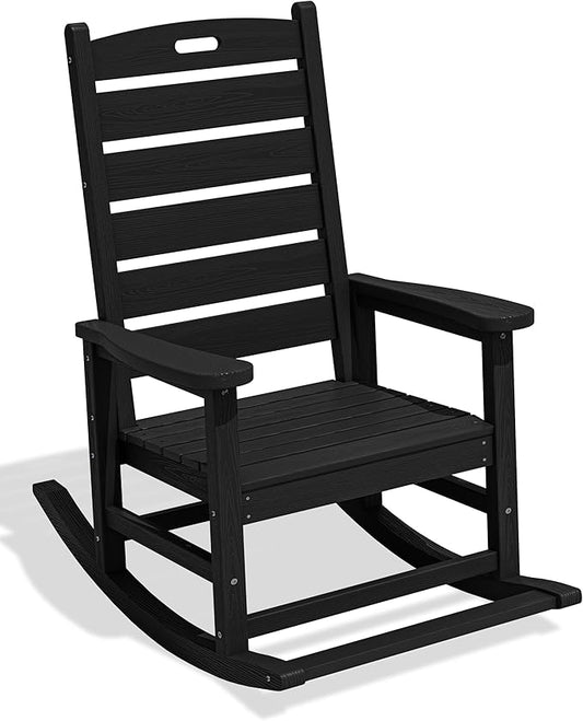 SERWALL Oversized Outdoor Rocking Chair, HDPE Patio Rocking Chair with Footboard for Adults, All Weather Porch Rocker for Deck Patio Balcony, Black