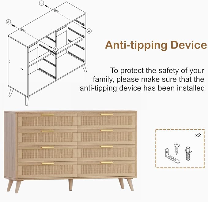 Rovaurx 8 Drawer Double Dresser for Bedroom, Rattan Chest of Dressers, Modern Wooden Dresser Chest with Golden Handles, Beside Table for Closet, Living Room and Entryway, Natural