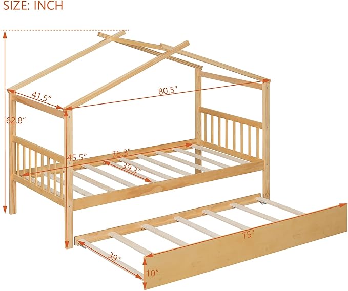 Harper & Bright Designs Twin House Bed for Kids, Wood Platform Bed with Trundle, Montessori Bed with Roof, Playhouse Trundle Beds for Kids,Teens, Bedroom, Natural